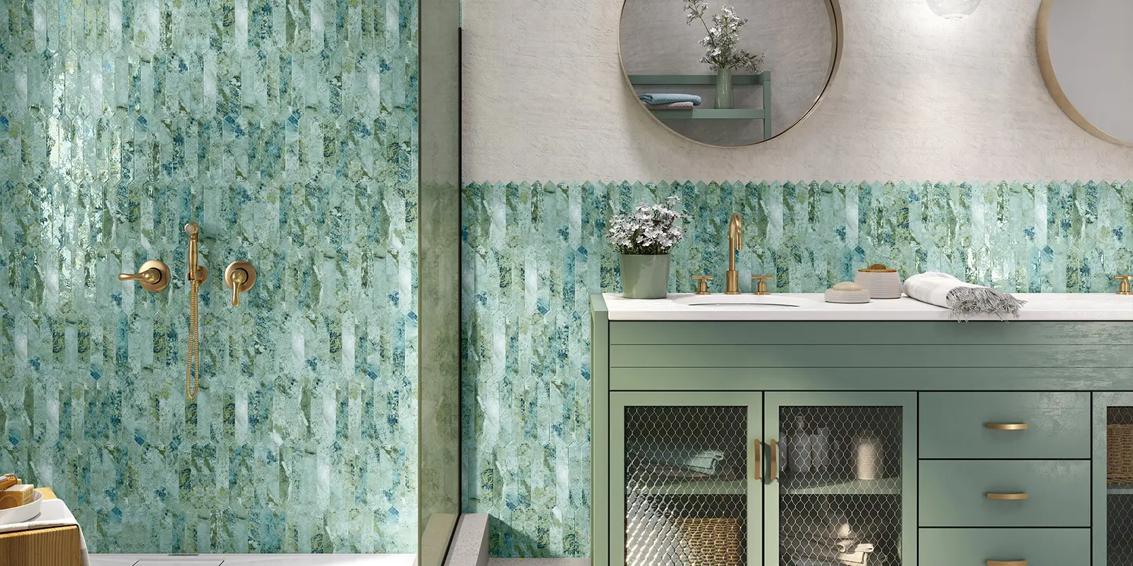 Bathroom featuring vibrant turquoise tiles complemented by luxurious golden accents, creating a stylish and refreshing atmosphere. By Florida Design Works.