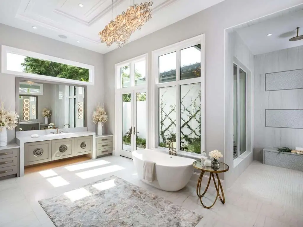 Bathroom featuring Hurishield windows, highlighting the innovative design solutions in Florida Design Works' portfolio.